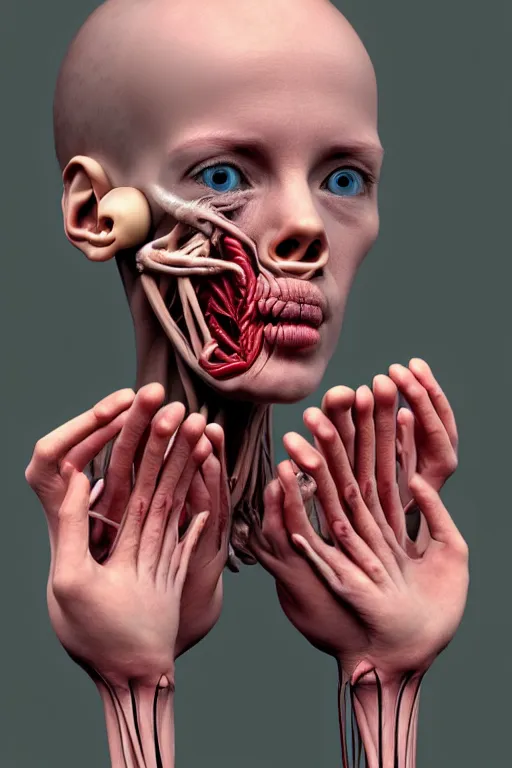 Image similar to disturbingly realistic photograph of hands attached to mouths attached to ears attached to eyes, body horror, accurate anatomy, a study on anatomy