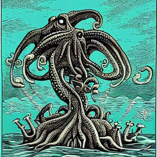 Image similar to cthulhu monster rising from the ocean with a synthesizer under its arm