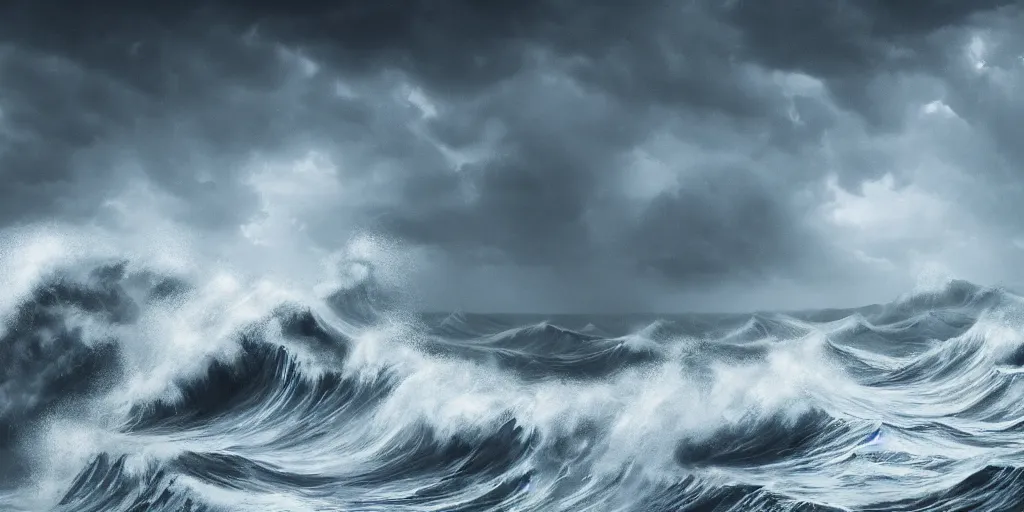 Image similar to detailed waves. dark sea, layers, very detailed super storm, hyper realistic, impressive, very atmospheric, god ray, cinematic, deep, very high complexity, stunning, masterpiece, weather photography, very detailed. 4 k