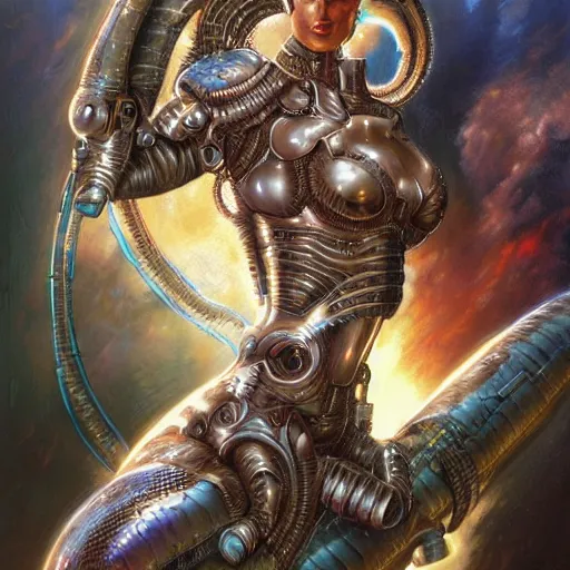 Image similar to female cyborg, hyper detailed, aesthetic, fantasy background. in the style of boris vallejo, karol bak and alain aslan