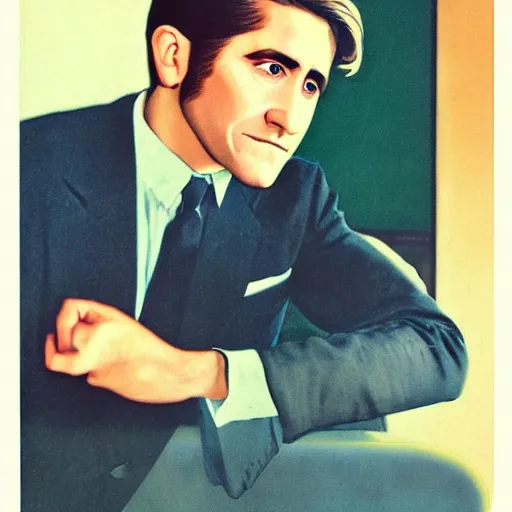 Image similar to “Jake Gyllenhaal portrait, color vintage magazine illustration 1950”