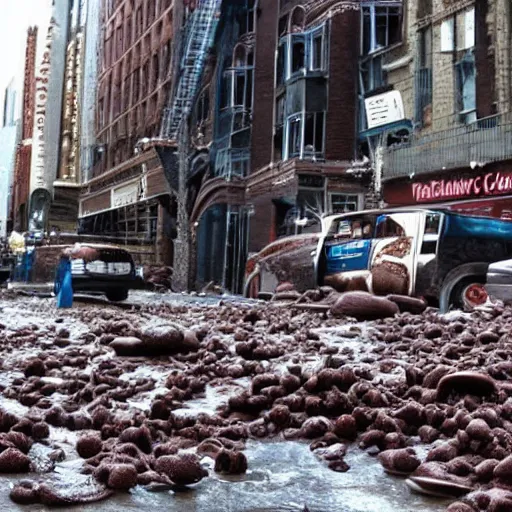 Prompt: tsunami of liquid chocolate on new york, post apocalyptic, cinematic ruin