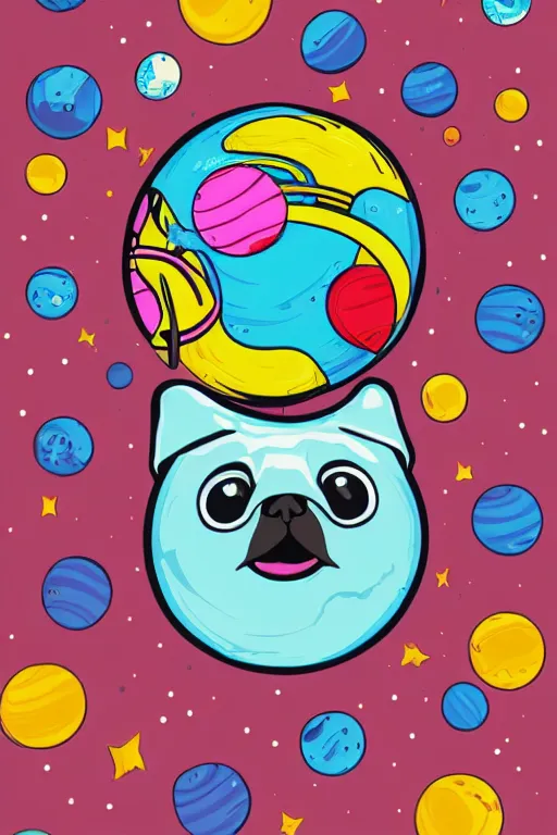 Image similar to planet pug floating in space, art by brian miller, sticker, colorful, illustration, highly detailed, simple, smooth and clean vector curves, no jagged lines, vector art, smooth