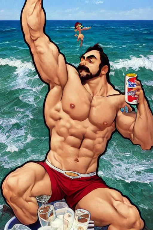 Prompt: gigachad bodybuilder luigi drinking beer can at the ocean summertime by ilya kuvshinov, ernest khalimov body, super mario bros symmetrical face concept art, hyper realistic, intricate, elegent, highly detailed, digital painting, concept art, smooth, sharp, focus, illustration, art by artgerm and greg rutkowski and alphonse mucha, artstation