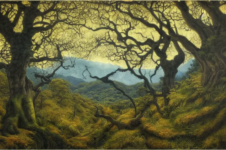 Prompt: masterpiece painting of oak trees on a hillside overlooking a creek, dramatic lighting, by chie yoshii