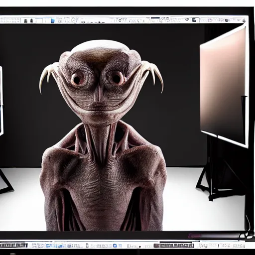 Image similar to an alien pet creature with weird features, looking inquisitively at the camera, studio lighting