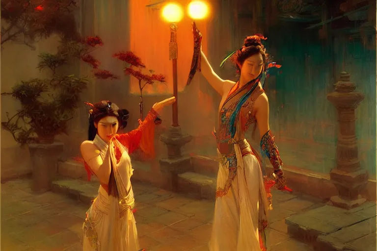 Image similar to wuxia, summer, neon light, painting by gaston bussiere, craig mullins, j. c. leyendecker