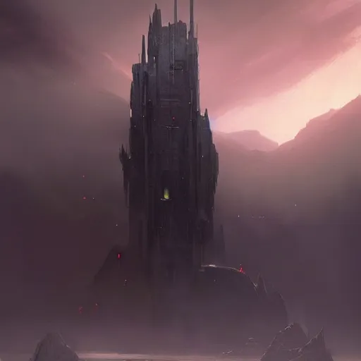 Image similar to star wars concept art by greg rutkowski, a palatial and imposing dark tower in the middle of a highland landscape, enigmatic atmosphere, beautiful and cinematic lighting, artstation hq.