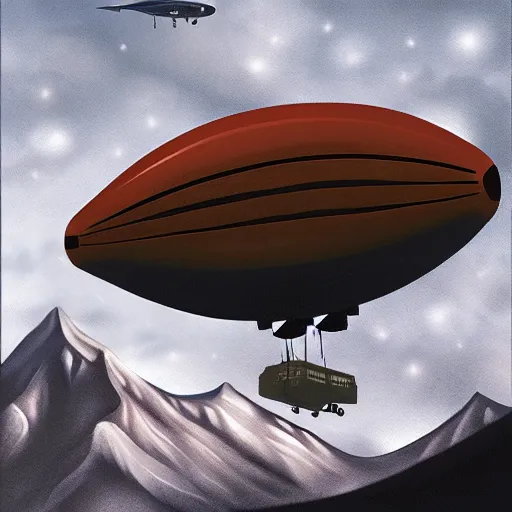 Image similar to a blimp in the sky above a snowy mountain, poster art by guillermo del toro, artstation, panfuturism, reimagined by industrial light and magic, official art, poster art
