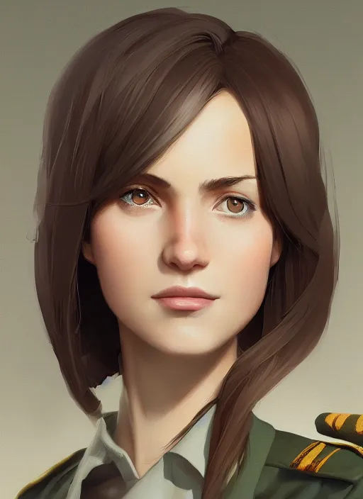 Image similar to portrait of young woman with light brown shoulder length hair and hazel eyes dressed in a sharp dark teal military uniform, smiling, ilya kuvshinov, svetlana tigai, greg rutkowski, loish, artgerm, digital painting, concept art