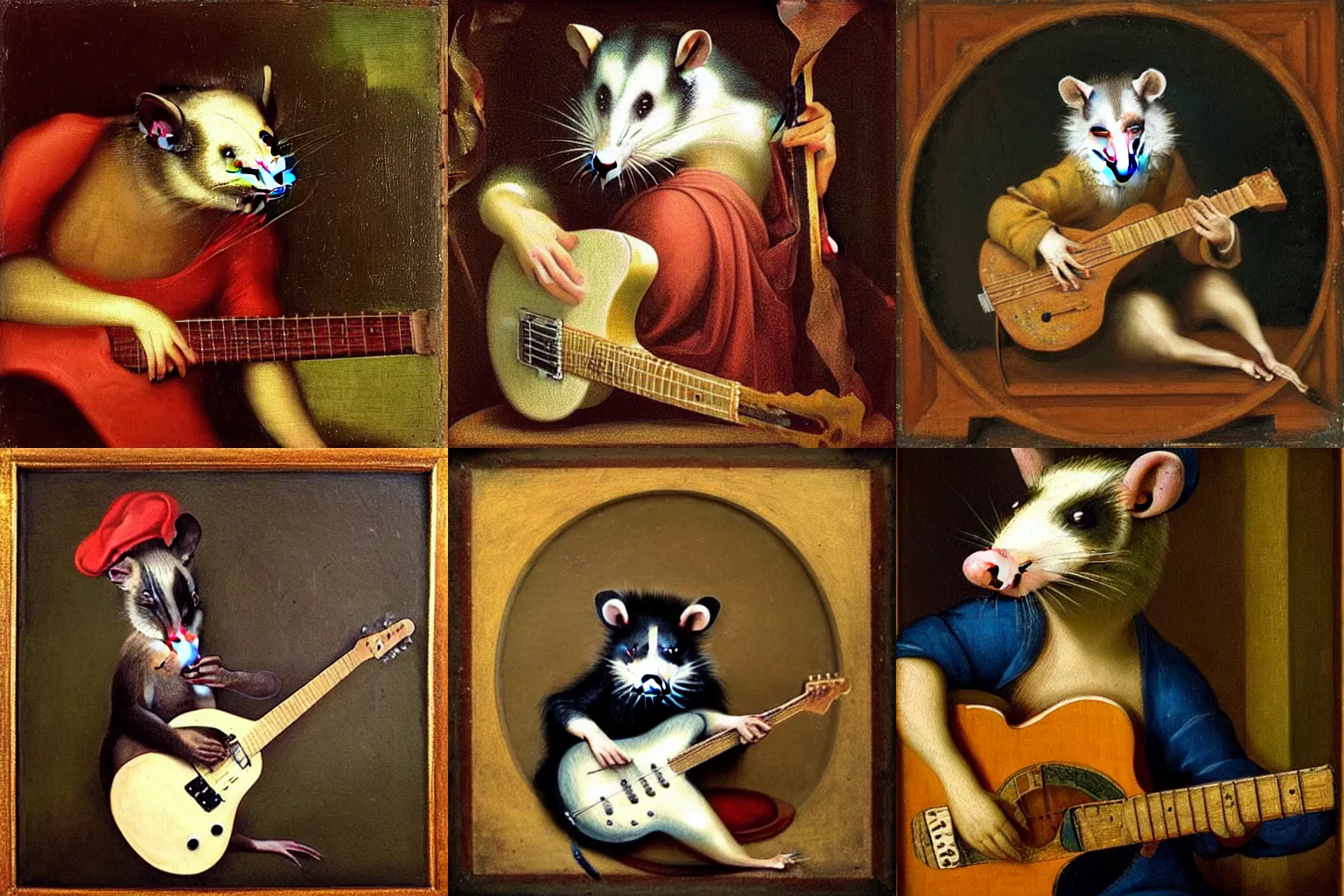 Prompt: “Renaissance painting of an opossum playing the electric guitar”