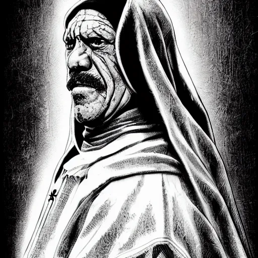 Image similar to Danny Trejo as church nun, dark fantasy, highly detailed, artstation, manga illustration by Kentaro Miura berserk