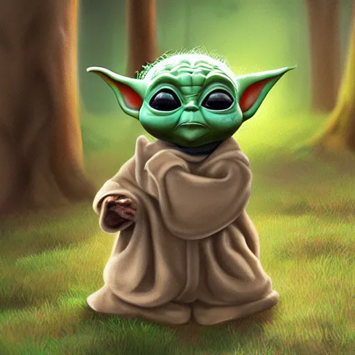 Prompt: baby yoda follows a trail on the ground of Reese's Pieces back to the forest, digital art, UE5.