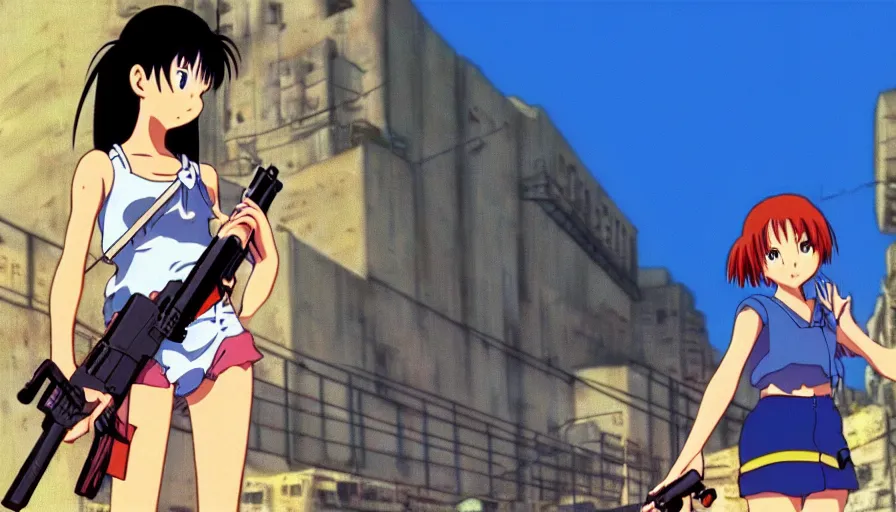 Prompt: 1 9 9 6 anime screencap of a girl with a gun on a rio de janeiro anime, by hayao miyazaki, studio ghibli, rio background extremely high quality artwork