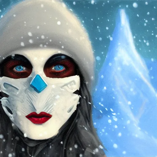 Image similar to fantasy snow bandit ‘ icewind dale ’ with mask, blue palette, snow scene, ‘ icewind dale 2 ’ profile portrait by ‘ justin sweet ’, falling snow, soft focus, illustrated, oil paint