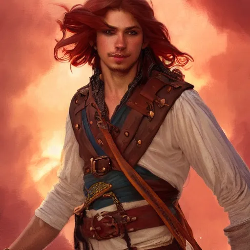 Image similar to portrait of a young carefree pirate, male, masculine, upper body, red hair, long hair, soft hair, D&D, fantasy, intricate, elegant, highly detailed, digital painting, artstation, concept art, matte, sharp focus, illustration, art by Artgerm and Greg Rutkowski and Alphonse Mucha