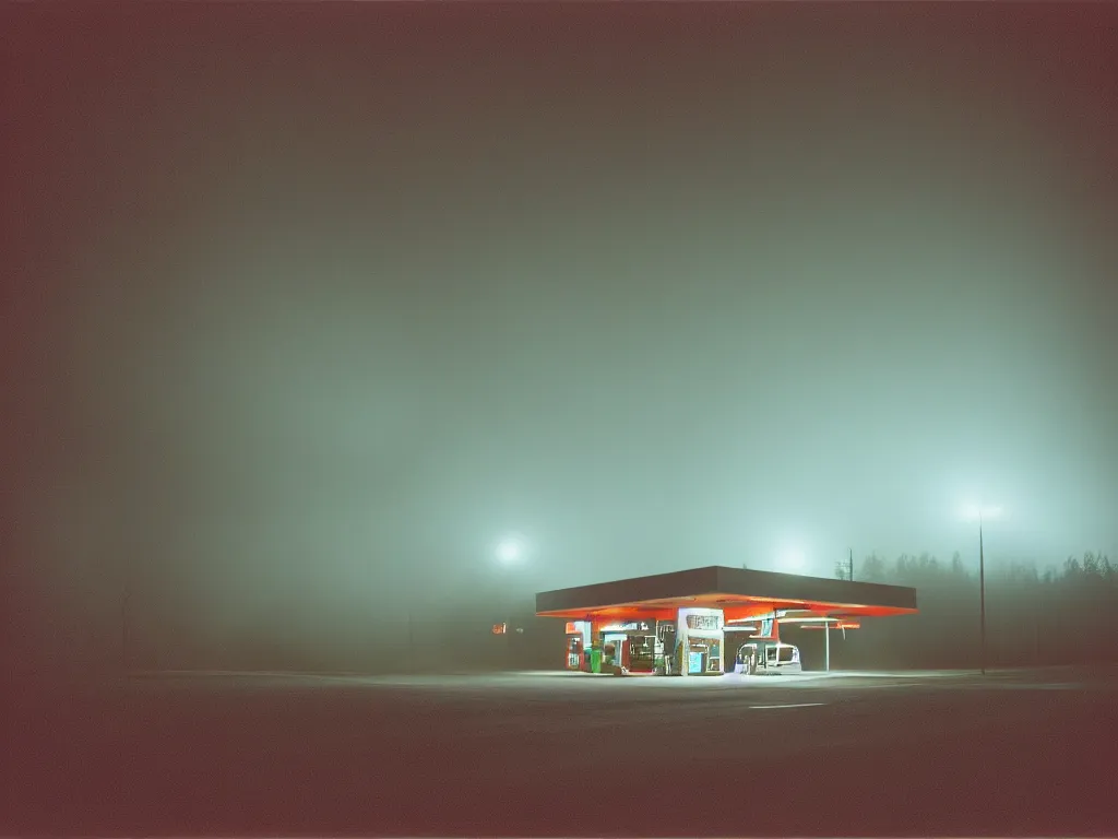 Image similar to “35mm film photography of gas station surrounded by forest, fog, night, mood, cinestill 800t, grain”