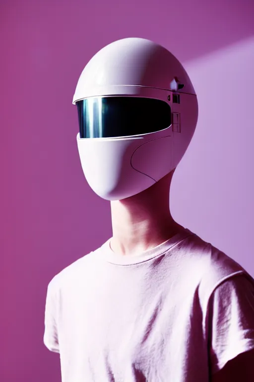 Prompt: a high definition film photograph of a normal androgynous robot human wearing a plain white t - shirt, in a pastel pink room. happy. visor covering eyes. chrome. crushed shadows.