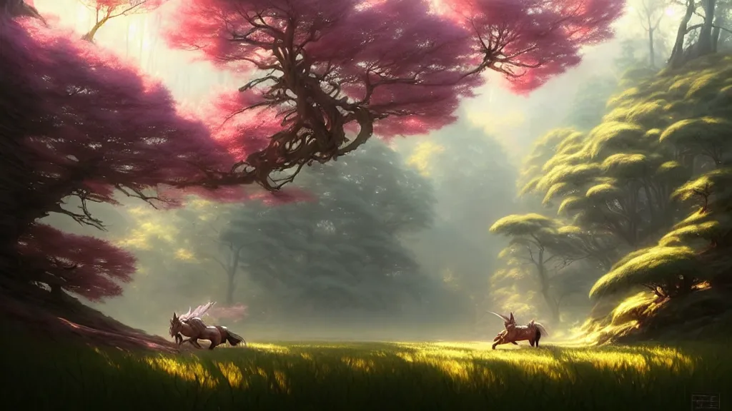 Image similar to forest landscape, pastel color tones, fantasy, elegant, highly detailed, digital painting, artstation, concept art, smooth, sharp focus, illustration, wide angle, artbook, splash art, promo art, soul calibur, league of legends, art by artgerm and greg rutkowski and bo chen and jin xiaodi