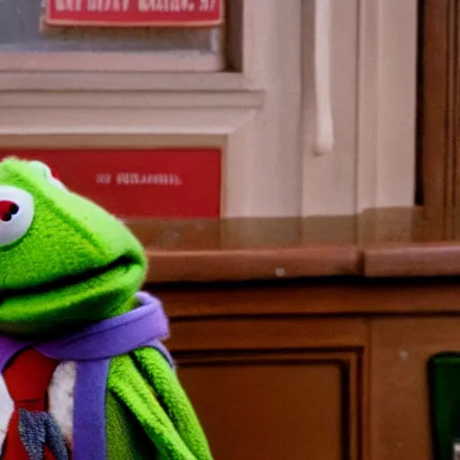 Prompt: kermit the frog, from the grand budapest hotel, kodachrome