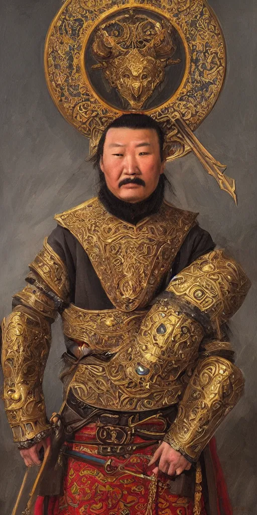 Image similar to a stunning and noble highly detailed romantic period style portrait of Genghis Khan by Josep Tapiró Baró, trending on artstation, oil painting masterpiece, symmetry, fractals, Mongolian iconography