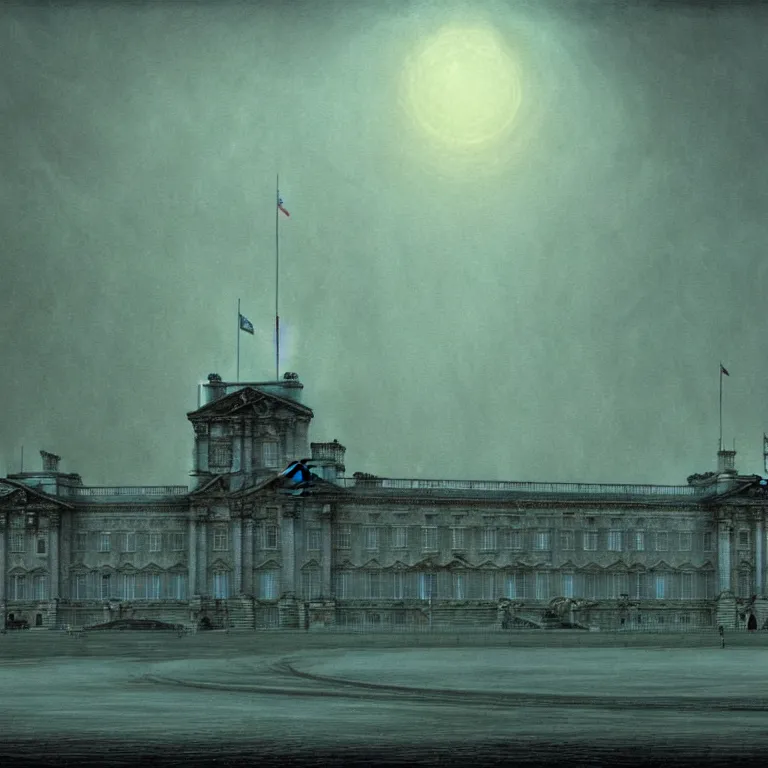 Image similar to buckingham palace, lovecraft, concept art by beksinski and jean delville, dramatic lighting, ultra hd, hdr, 8 k