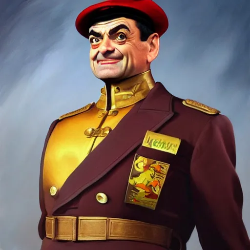 Prompt: ultra realistic painting of mr bean as m. bison from street fighter, art by frank frazetta, 4 k, ultra realistic, highly detailed, epic lighting