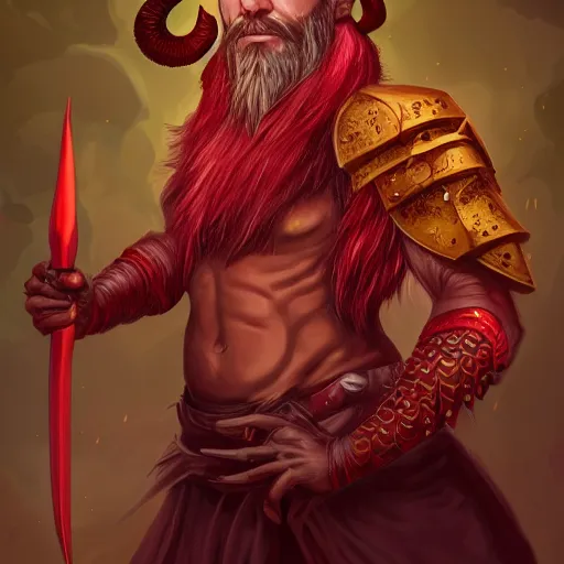 Prompt: dnd portrait of a tiefling, male, red scales and red skin, a big black beard, completely golden eyes, 2 ram horns growing out of his forehead,