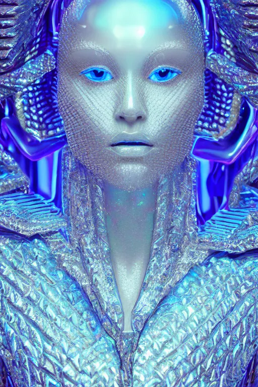 Prompt: hyper detailed ultra sharp portrait of baroque and bladerunner delicate neon diamond sculpture of seductive albino pharaoh, diamond blue sphinx iridescent humanoid deity wearing metallic hoody made out of hands holding the sun prismatic dungeon, glowing blue face, crown of white diamonds, cinematic lighting, photorealistic, octane render 8 k depth of field 3 d