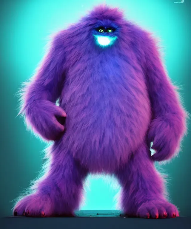 Image similar to a big furry monster made of bioluminescence in the art style of monsters inc, fantasy, elegant, crisp 8 k line art, digital painting, artstation, unreal engine, octane render, emissive lighting, concept art, matte, sharp focus, hyper realistic lighting, illustration, deep royal blue and pink color scheme, art by dave kendall