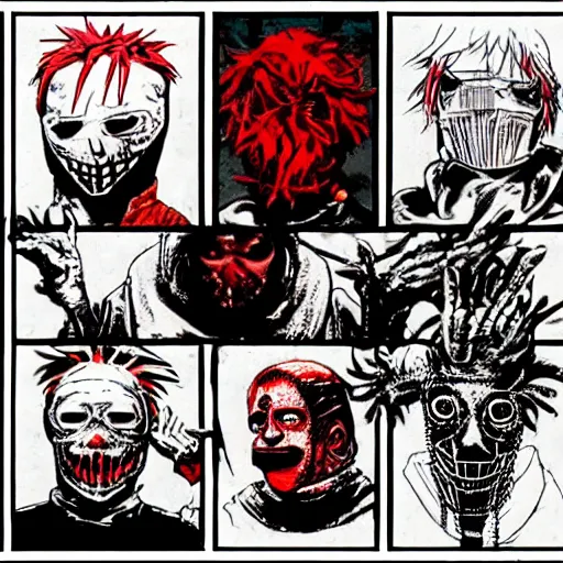 Image similar to slipknot band in the style of dorohedoro