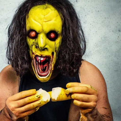 Prompt: photo of a horror villain eating a banana, he is sad that his dark clothes are covered in banana peels.