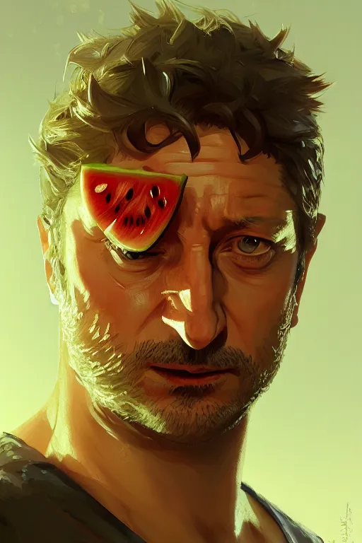 Image similar to portrait of a watermelon gerard butler, greek, intricate, headshot, key visual, conceptart, ambient lighting, highly detailed, digital painting, artstation, concept art, sharp focus, by makoto shinkai and akihiko yoshida and greg manchess