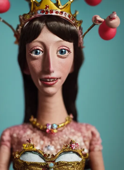 Image similar to closeup face profile portrait of a tin toy shelley duvall as a fairytale princess wearing a crown eating cakes, bikini, depth of field, zeiss lens, detailed, symmetrical, centered, fashion photoshoot, by nicoletta ceccoli, mark ryden, lostfish, breathtaking, 8 k resolution, extremely detailed, beautiful, establishing shot, artistic, hyperrealistic, octane render