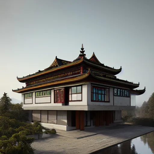 Prompt: modern house inspired by tibetan palace, built like a stadium with atrium in the middle, on a hill surrounded by big trees, dramatic lighting, artstation, realistic rendering, unreal engine, octane render, raphael lacoste, simon stalenhag, frank lloyd wright, helicopter view