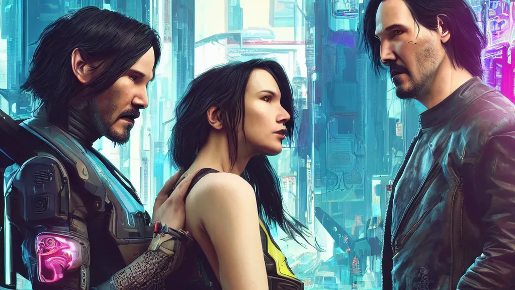Image similar to a cyberpunk 2077 srcreenshot couple portrait of Keanu Reeves&female android in kiss,love story,film lighting,by Laurie Greasley,Lawrence Alma-Tadema,Dan Mumford,John Wick,Speed,Replicas,artstation,deviantart,FAN ART,full of color,Digital painting,face enhance,highly detailed,8K,octane,golden ratio,cinematic lighting