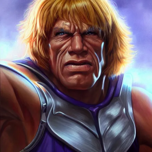 Image similar to ultra realistic portrait painting of he - man, stanley artgerm, 4 k, ultra realistic, highly detailed, epic lighting