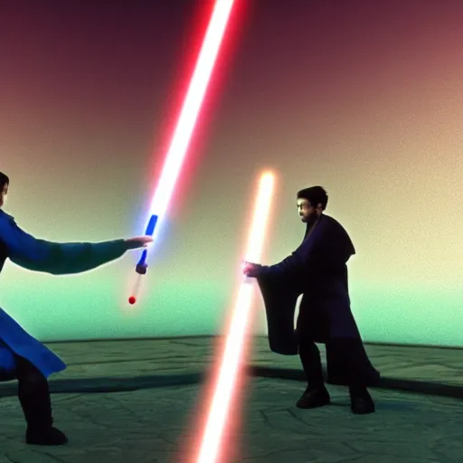 Prompt: Jedi duelling, 4k, cinematic, realistic, vaporwave