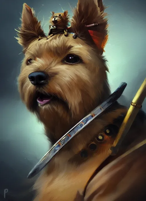 Image similar to norwich terrier as an samurai, backround dark, highly detailed, digital illustration, trending in artstation, modern painting, smooth, sharp focus, intricate, by peter mohrbacher