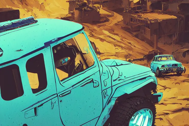 Image similar to digital illustration of a futuristic faded cyan mad max's fj 4 0 decrepit!!!! pursuit special, rusty!!! cyberpunk nissan fj cruiser heavily modded 1 9 9 0 s, the last v 8 interceptor by makoto shinkai, ilya kuvshinov, lois van baarle, rossdraws, basquiat