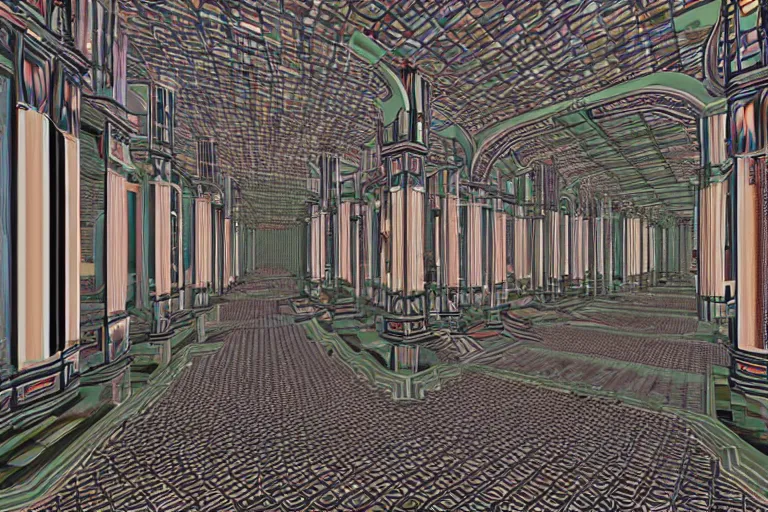 Prompt: hall of mirrors, art deco, ps 1 graphics