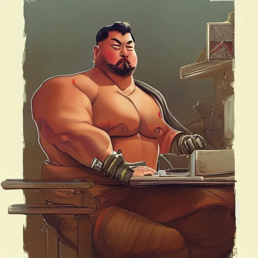 Image similar to a insanely detailed painting of a thick asian man wearing a homemade superhero costumed, sitting at a computer desk typing on the keyboard, in the style of peter mohrbacher, dramatic lighting and composition, trending on artstation, concept art, comic book, graphic novel