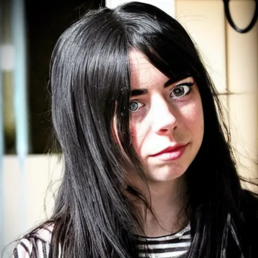 Image similar to a girl with long black hair her face is a mix between aubrey plaza, krysten ritter, lucy hale and maisie williams