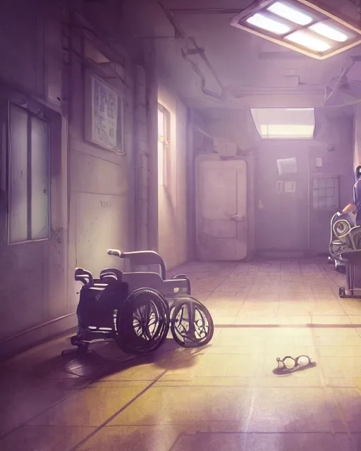 Prompt: artstation scifi scene of a a shabby chinese ward, a bouquet of light on the ground business card, huge floor - to - ceiling fan, wheelchair, crutches, dust, paneled walls, unreal engine 5, hyper realism, realistic shading, cinematic composition, blender render, octane render, hdr, detailed textures, photorealistic, wide shot