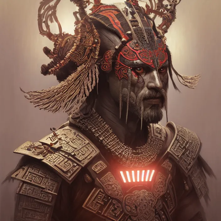 Image similar to symmetry! portrait of a hybrid old male warrior, face decorated with chinese opera motifs, leds horizon zero dawn machine, intricate, elegant, highly detailed, digital painting, artstation, concept art, smooth, sharp focus, illustration, art by artgerm and greg rutkowski and alphonse mucha, 8 k