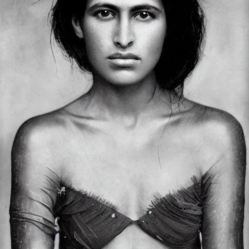 Image similar to vintage portrait of a stunningly beautiful amazonian female, dark eyes, dark hair, olive skin, depth of field, zeiss lens, detailed, symmetrical, centered, fashion photoshoot, by edward s curtis, Annie Leibovitz and Steve McCurry, David Lazar, Jimmy Nelsson, Breathtaking, 8k resolution, extremely detailed, beautiful, establishing shot, artistic, hyperrealistic, beautiful face, octane render