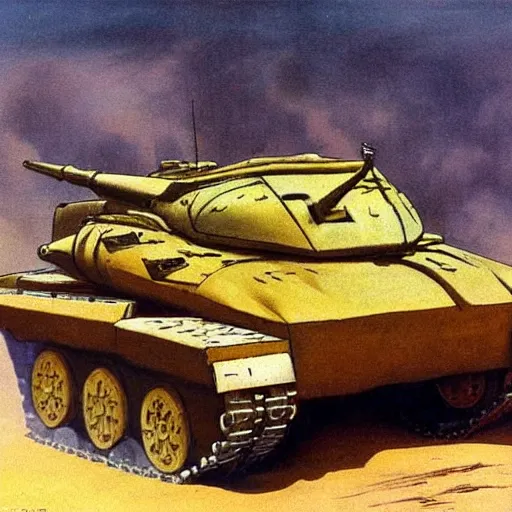 Image similar to a tank shaped like a scorpion driving through a sandstorm, frank frazetta