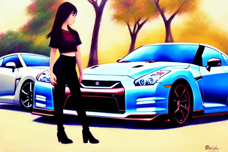 Image similar to A ultradetailed beautiful panting of a stylish girl standing in front of a Nissan GTR, Oil painting, by RossDraws