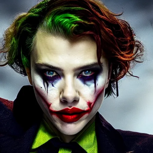 Prompt: stunning awe inspiring scarlett johansen as the joker, movie still 8 k hdr atmospheric lighting