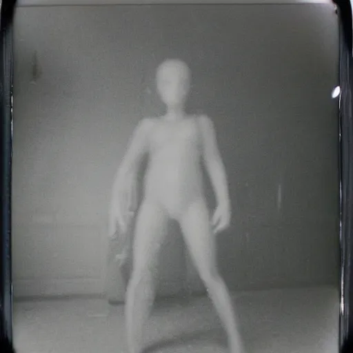 Image similar to Alien-grey caught on camera basement polaroid photo 90s out of focus grimy